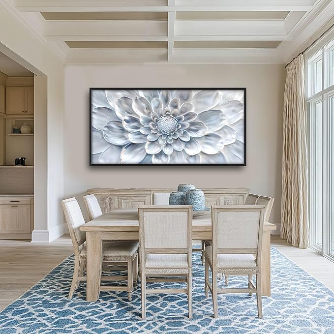 Abstract Flower Large Wall Art White Silver Floral Pictures Wall Decor Neutral Canvas Print Painting Artwork for Bathroom Living Room Bedroom 60L" x 30W"-PurrikoPets