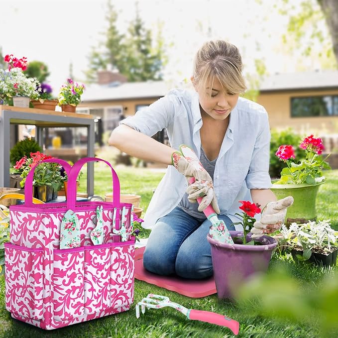 Gardening Tools, 8 Pcs Heavy Duty Floral Garden Tool Set Birthday Gifts for Women WANCHI Rose Red Gardening Kit (Garden Tool Bag Kneeling Pad Weeder Fork Hand Rake Pruning Shears Trowel Transplanter)-PurrikoPets