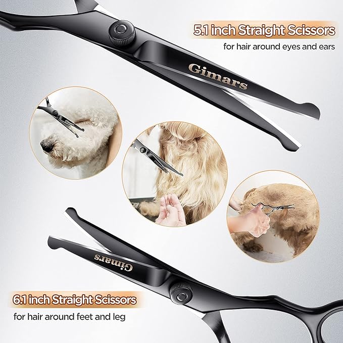 Gimars 7inch Professional 4CR Stainless Steel 6 in 1 Grooming Scissors for Dogs with Safety Round Tip, Heavy Duty Titanium Coated Pet Grooming Scissor for Dogs, Cats and Other Animals-PurrikoPets