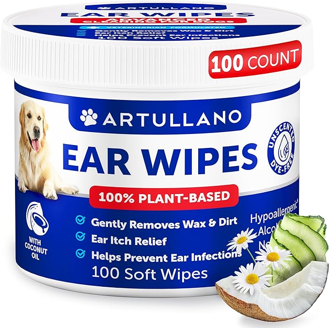 Dog Ear Wipes - 100 ct - Removes Wax and Dirt - Soothing Ear Cleaner Wipes for Dogs, Puppies - 100% Plant Based, Unscented with Coconut Oil - Ear Infection Treatment to Relief Itching & Inflammation-PurrikoPets