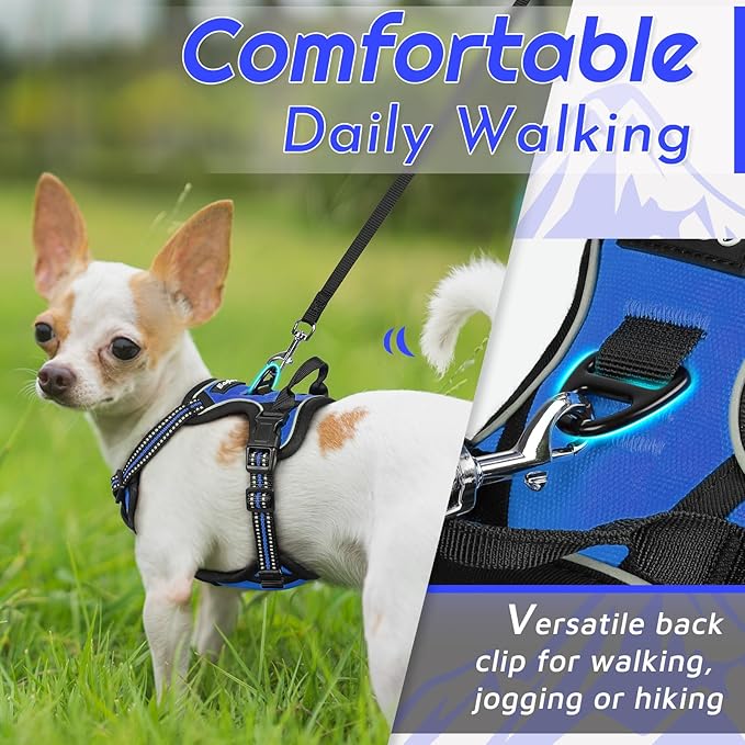Eagloo Small Dog Harness No Pull, Service Vest with Reflective Strips and Control Handle, Adjustable and Comfortable for Easy Walking, No Choke Pet Harness with 2 Metal Rings, Blue, XS-PurrikoPets
