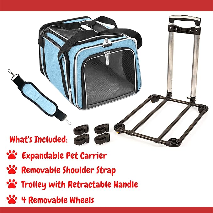 Airline Approved Expandable Premium Pet Carrier on Wheels- Two Sided Expandable Rolling Carrier- Designed for Dogs & Cats- Extra Spacious Soft Lined Carrier! - Light Blue-PurrikoPets