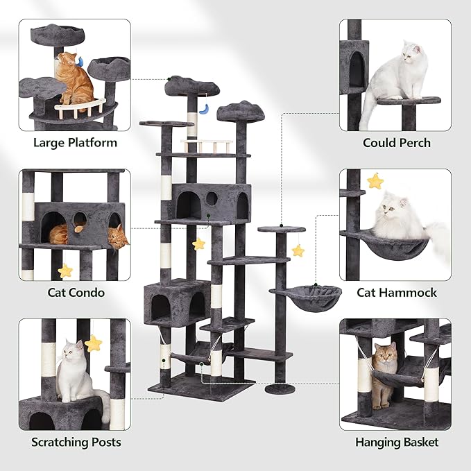 85in Giant Cat Tree for Heavy Duty Big Cats, Large Cat Trees with Scratching Post, Cat Tree Tower with Cat Condos, Hammock & Plush Perch for Maine Coon, Smoky Gray-PurrikoPets
