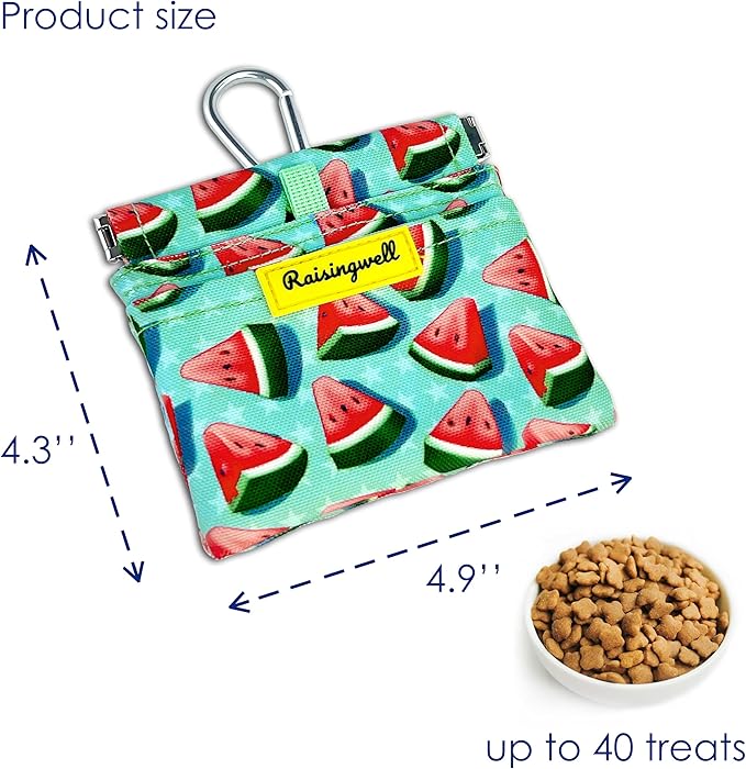 Dog Treat Pouch,Cotton Pocket Sized Training Holder, Hand Free Walking Funny Bag with Carabiner, Self-Closing Pet Feed Snack Reward, Behavior Aids for Puppy Travel or Outdoor Use（Watermelon）-PurrikoPets