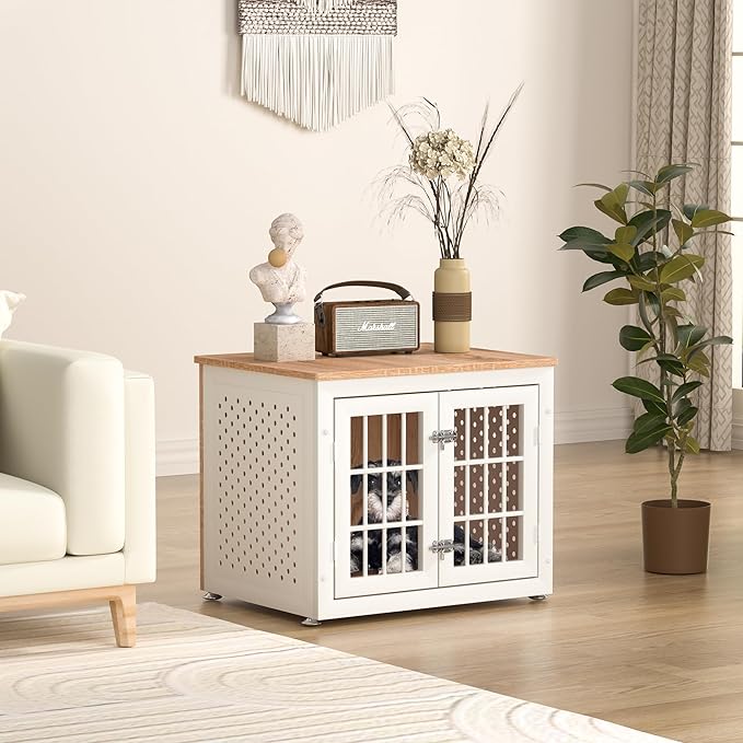 26" Heavy Duty Dog Crate Furniture for Small Dogs, Metal Kennel for High Anxiety Dogs, Chew Proof Pet Cage Indoor, Decorative Dog Kennel End Table,White-PurrikoPets