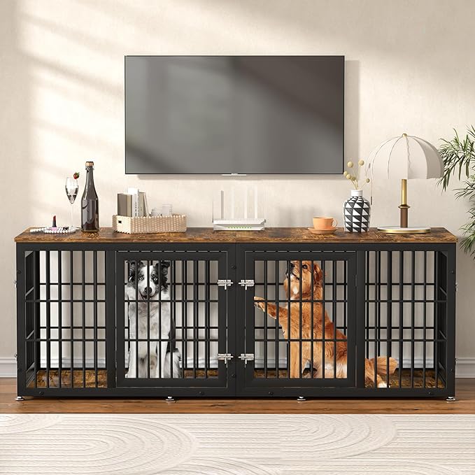 78 Inch Double Dog Crate Furniture, Heavy Duty Extra Large Cage Furniture with Divider for 2 Dogs, Decorative Wooden Kennel Furniture Indoor, Metal Pet House for Large and Medium Dogs-PurrikoPets