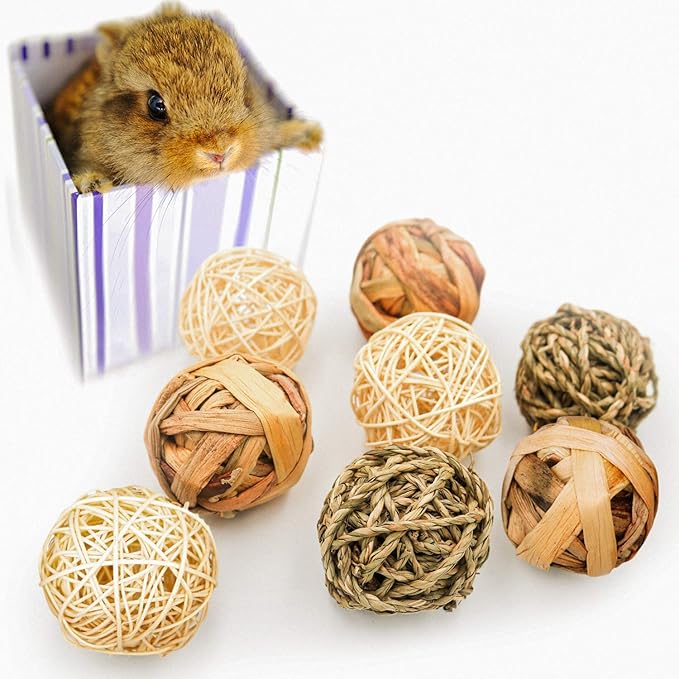 9 Pcs Small Animals Play Balls Rolling Activity Chew Toys Gnawing Treats for Rabbits Guinea Pigs Chinchilla Bunny Natural Balls, Pet Cage Entertainment Accessories (9 Pcs)-PurrikoPets