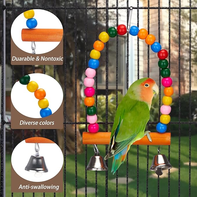 11Pcs Bird Parakeet Toys Wooden Bird Platform Stands Swing Hanging Chewing Toy Parrot Climbing Ladder Colorful Bird Cage Toys for Parakeet, Conure, Cockatiel, Love Birds, Finches-PurrikoPets