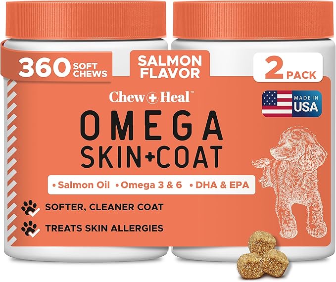 Fish Oil Omega 3 Supplements for Dogs -360 Soft Chew Treats for Skin and Coat -Salmon Oil Blend of Fatty Acids, Omega 3, 6, Vitamins, Antioxidants -Made in USA (2 Packs of 180, Salmon Flavor)-PurrikoPets