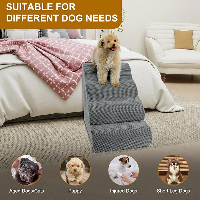 Dog Stairs for Small Dogs 19.7" H, 4-Step Dog Steps for High Bed, High-Density Foam Curved Pet Stairs with Non-Slip Removable Washable Cover to Get on Bed-PurrikoPets