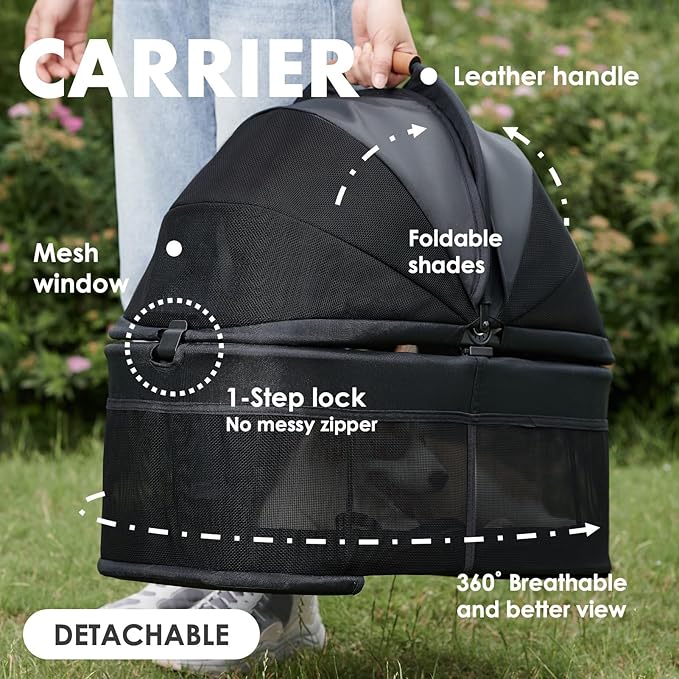 3 in 1 Pet Stroller with Removable Carrier, Folding Stroller for Small/Medium Dogs and Cats, Waterproof, All-Terrain, with Sun Shades, Car Seat-PurrikoPets