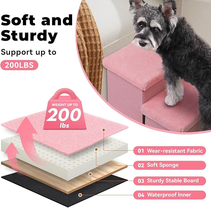 Dog Stairs with Furry Lids 18" H, 3-Step Wider Dog Steps with Storage for Small/Medium/Large Dogs Cats, Folding Sturdy Pet Stairs Climbing Bed or Sofa, Ramp for Car Hold Up to 200 lbs, Pink-PurrikoPets