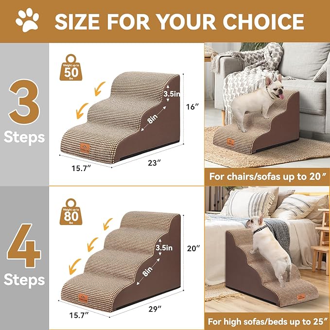 Dog Ramp and Stair for Bed 16" H-20 H,3-Step Cat Stair for Sofa and Chair,4-Step Dog Ramp for High Bed and Window,Durable Nonslip Fabric Cover for Indoor (Coffee-20 H, Pet Friendly, 4)-PurrikoPets
