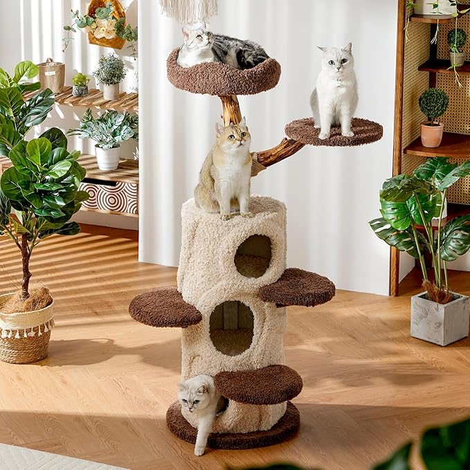 54.7'' Modern Cat Tree for Indoor Cats Large Adult, Wood Cat Tree with 3 Spacious Condos, Luxury Cat Tower with Cozy Perch, Scratching Post, Sturdy Kitty House Furniture for Small Medium Large Cats-PurrikoPets