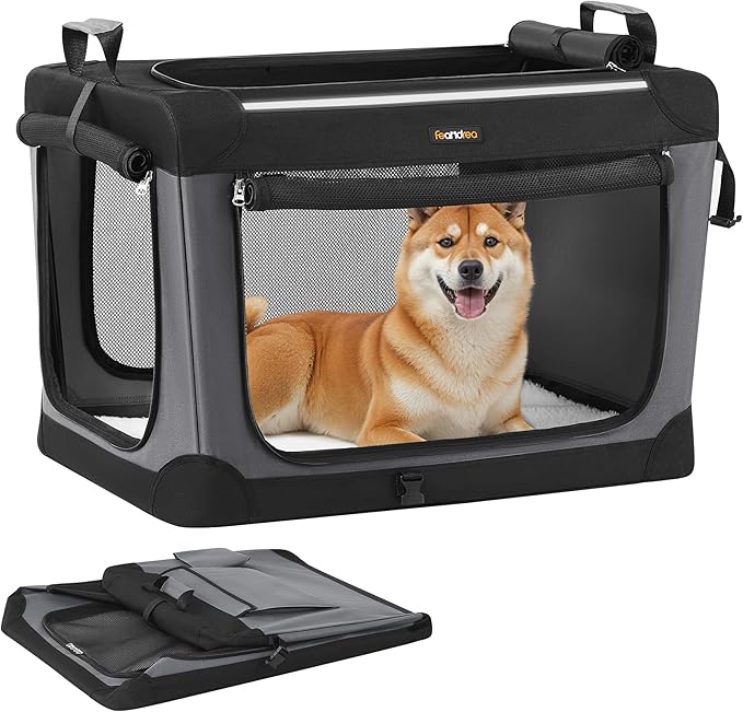 Feandrea Collapsible Dog Crate, 30-Inch Portable Dog Travel Crate for Medium Dogs, Oxford Fabric Pet Carrier with 4 Mesh Doors, Handles, Storage Pocket, Water Bottle Holder, Ink Black UPDC017B01-PurrikoPets