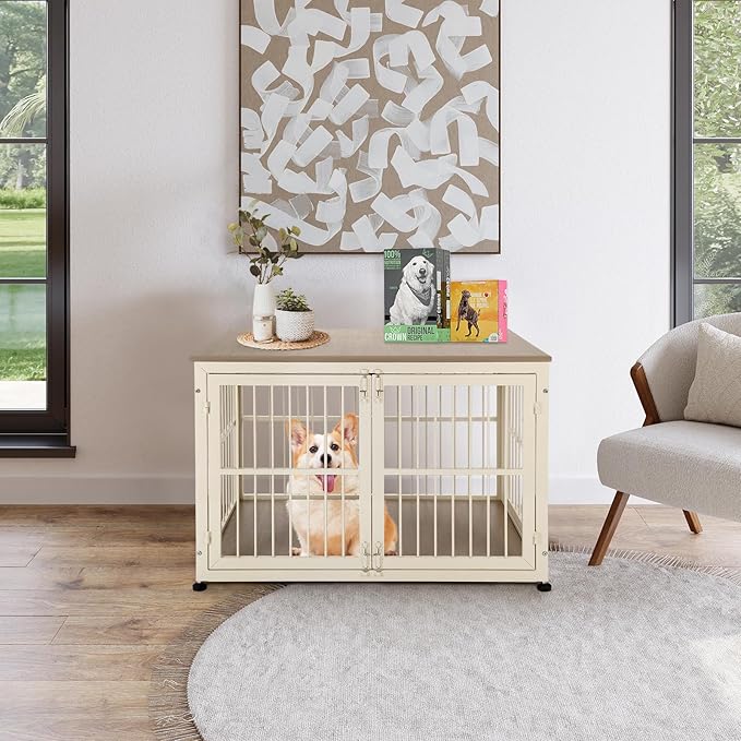 32 Inch Heavy Duty Dog Crate Furniture for Medium and Small Dogs, Decorative Pet House End Table, Wooden Cage Kennel Furniture Indoor with Double Doors, Sturdy Dog Cage for Anxiety Dog-PurrikoPets