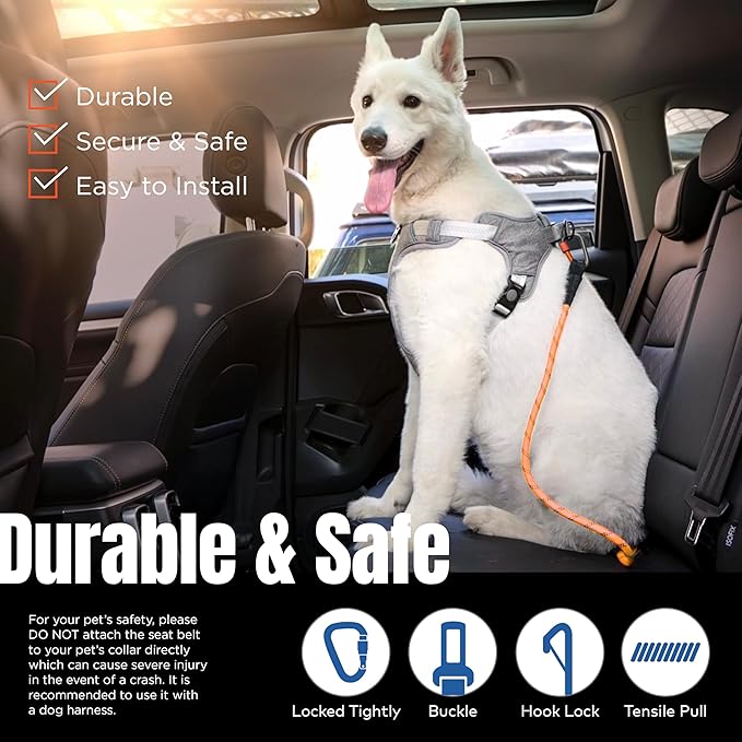 Dog Seat Belt for Car | Universal Dog Car Seatbelt | Durable Reflective Rope with Clip Hook Latch, Buckle and Carabiner- Safe and Secure Pet Safety Restraint (Orange)-PurrikoPets
