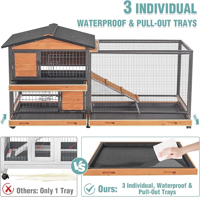 2-Story Rabbit Cage with Chew-Proof Metal Frame for Indoor/Outdoor - 62" Bunny Hutch Guinea Pig Cages with 6 Locking Wheels & 2 Removable Trays for Rabbits/Guinea Pigs-PurrikoPets