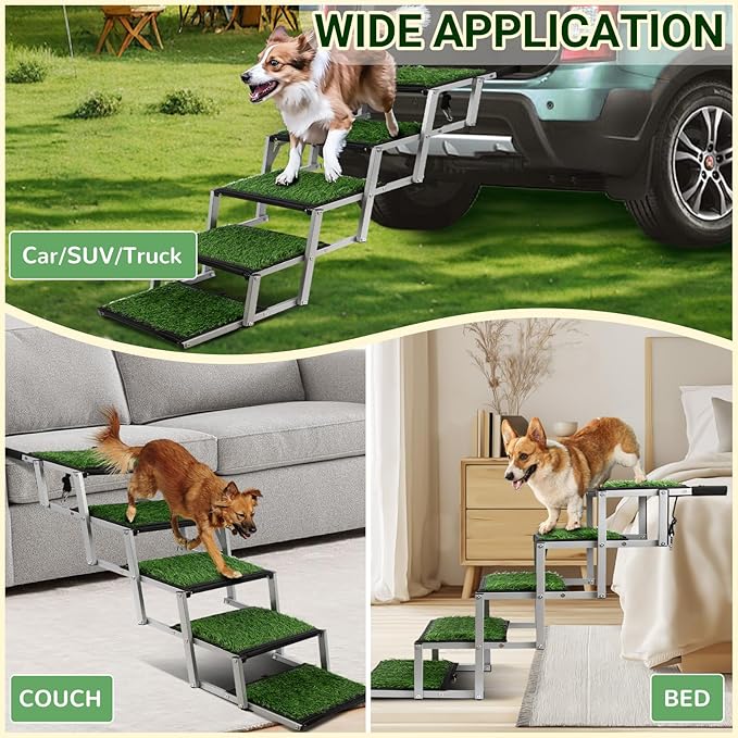 Extra Wide Dog Stairs for Car, Portable Folding Dog Steps for Large Dogs with Non-Slip Grass Rug for Cars, SUV, Trucks, Lightweight Pet Ramps Supports Up to 200 lb, 5 Steps-PurrikoPets