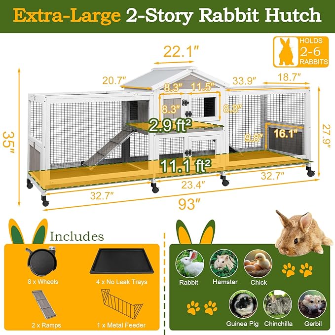 Double Rabbit Hutch Outdoor Indoor Large Bunny Cage with Dual Side Runs, 2-Story Wooden Hutch with 4 Leak Proof Trays, 8 Wheels, Waterproof Roof, Ramp, for Small to Medium Animals-PurrikoPets