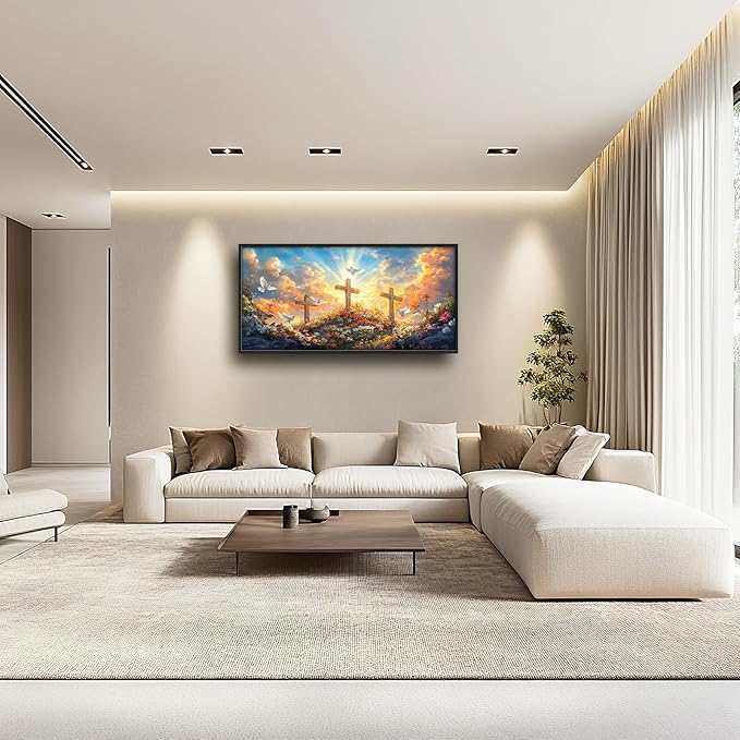 Framed Large Christian Jesus Wall Art, Oversized Floral Dove Wall Decor for Living Room, Landscape Canvas Painting Peaceful Pictures Modern Artwork for Living Room Bedroom Office 60"x30"-PurrikoPets