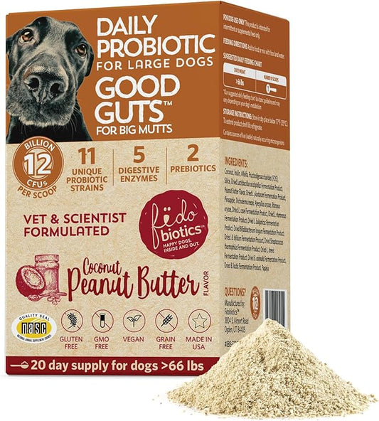 Fidobiotics Good Guts for Big Mutts Probiotic for Dogs, 12 Billion CFUs, 11 Strains, 5 Digestive Enzymes, 2 Prebiotics, Digestive Gut Health for Dogs, Adult & Puppy Probiotics Supplements (20 Days)-PurrikoPets