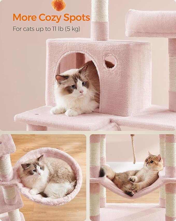 Feandrea Cat Tree, 66.1-Inch Large Cat Tower with 13 Scratching Posts, 2 Perches, 2 Caves, Basket, Hammock, Pompoms, Multi-Level Plush Cat Condo for Indoor Cats, Jelly Pink UPCT165P01-PurrikoPets