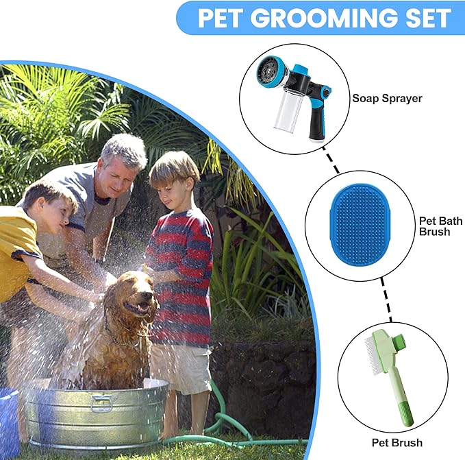 Dog Washing Hose Attachment, 10-in-1 Soap Sprayer Moden Garden Hose Nozzle with 100cc Soap Dispenser, Dog Wash Supplies with Dog Bath Brush & Pet Comb, Foam Gun Car Wash Sprayer (Blue)-PurrikoPets