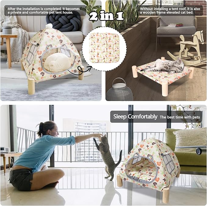 2-in-1 Elevated Cat Tent Cat House, Quick Assembly and Disassembly, Portable Indoor/Outdoor Cute Cat Bed Cave-Butterfly and Flower-PurrikoPets