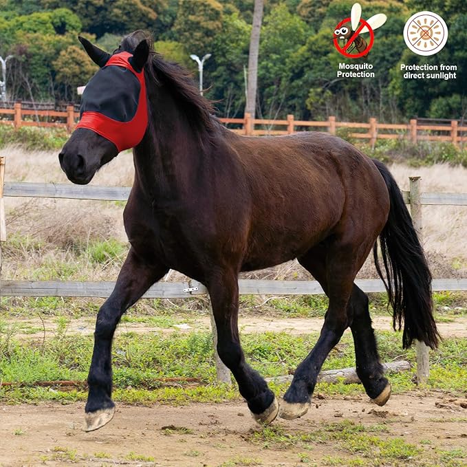 2 Piece Horse Fly Mask with Ears, Comfortable Fit Stretch Fabric Big Eye Space Soft Breathable with UV Protection for Full Horses (Red-Blue)-PurrikoPets