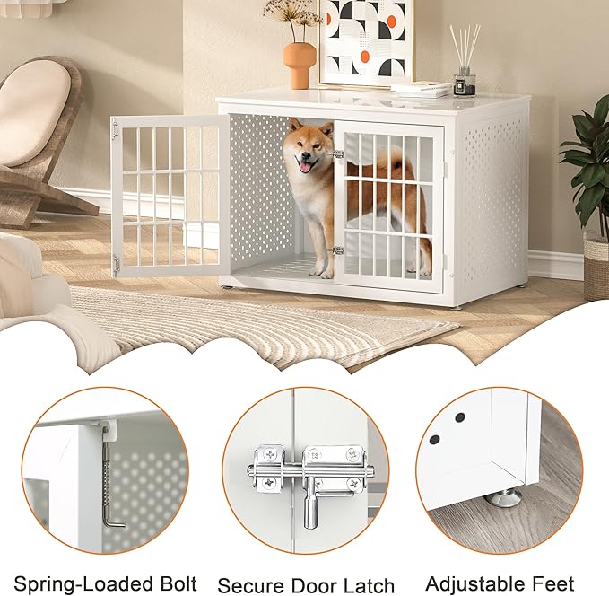 38" Heavy Duty Dog Crate Furniture for Large and Medium Dogs,Wooden Metal Kennel for High Anxiety Dogs, Chew Proof Pet Cage Indoor, Decorative Dog Kennel End Table, White-PurrikoPets