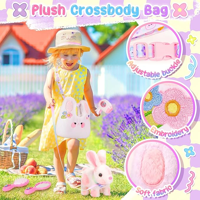 Easter Bunny Toys for Kids with Crossbody Bags, Easter Basket Stuffers Interactive Hopping Wiggle Ears Rabbit Toy, Pretend Play Robot Pet Care Cute Stuff for Girls Trip Plushies Birthday Gifts-PurrikoPets