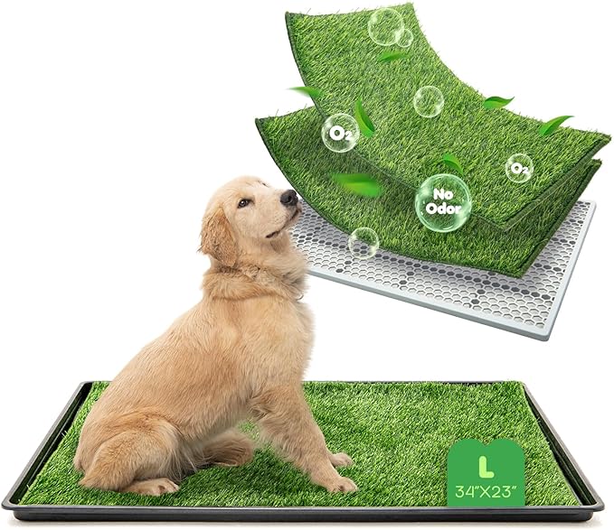 Dog Grass Pad with Tray, 34×23in Large Litter Box, 2×Grass Pad for Dogs Potty Washable, Thick Soft Odor-Free Hemmed Dog Pee Grass, Indoor Potty Training Balcony-PurrikoPets
