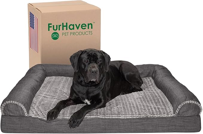 Furhaven Cooling Gel Dog Bed for Large Dogs w/ Removable Bolsters & Washable Cover, For Dogs Up to 125 lbs - Luxe Faux Fur & Performance Linen Sofa - Charcoal, Jumbo Plus/XXL-PurrikoPets