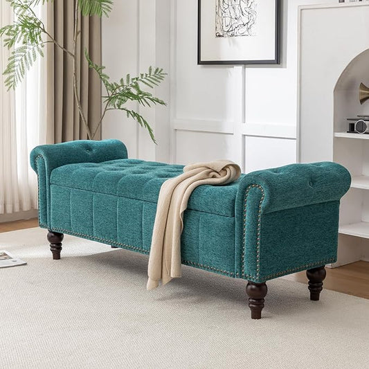 58’’ Storage Bench for Bedroom, Upholstered Button-Tufted Ottoman with Solid Wood Legs, Queen Size End of Bed Shoe Cabinet, Window Seat Foot Rest Stool for Entryway, Living Room (Teal)-PurrikoPets