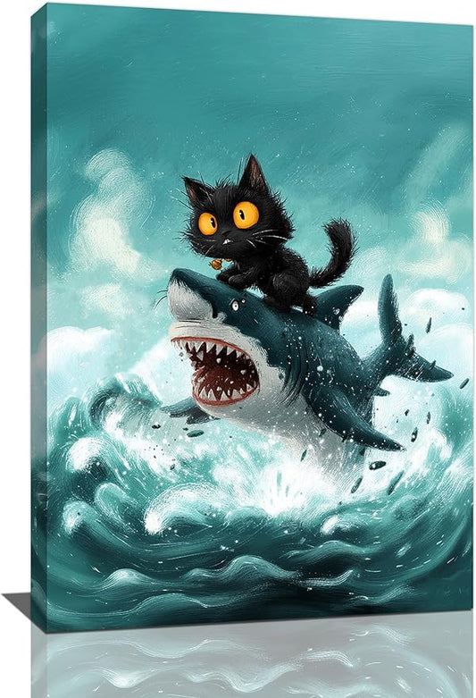Funny Black Cat Bathroom Wall Art Cute Cat Riding Shark Canvas Wall Decor Animal Kitten Pictures Painting Print Artwork Framed Decorations Gifts for Cat Lover Kids Room Bedroom 16"x24"-PurrikoPets