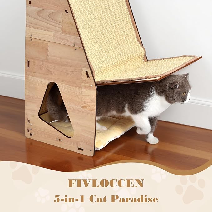 32in Cat Scratching Posts for Indoor Cats: Replaceable Sisal Mats & Sturdy 3D Wood Frame, Integrated Cat Condo, Hideout, Tunnel, All-in-One Space Saver for Multi-Cat & Budget-Friendly Homes-PurrikoPets