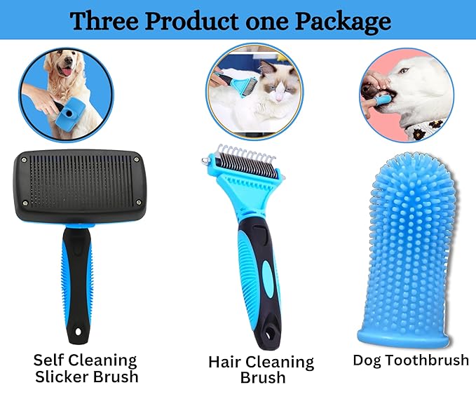 3-in 1 Dog & Cat Grooming Supplies- Self-cleaning Slicker Brush, Deshedding Rake Comb, And Finger Toothbrush For Dogs & Cats | Perfect For Pet Grooming Kit, Dematting And Dental Tool (blue)-PurrikoPets
