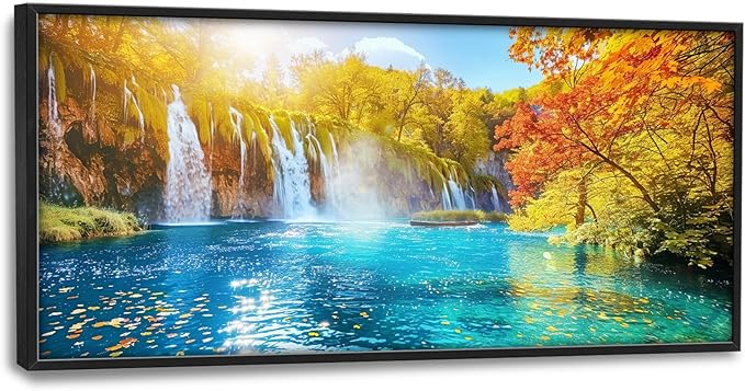 Extra Large Waterfall Lake Framed Wall Art for Living Room,Oversized Fall Autumn Tree Landscape Pictures Wall Decor,Nature Canvas Print Painting Modern Artwork Bedroom Office Bathroom 60L" x 30W"-PurrikoPets