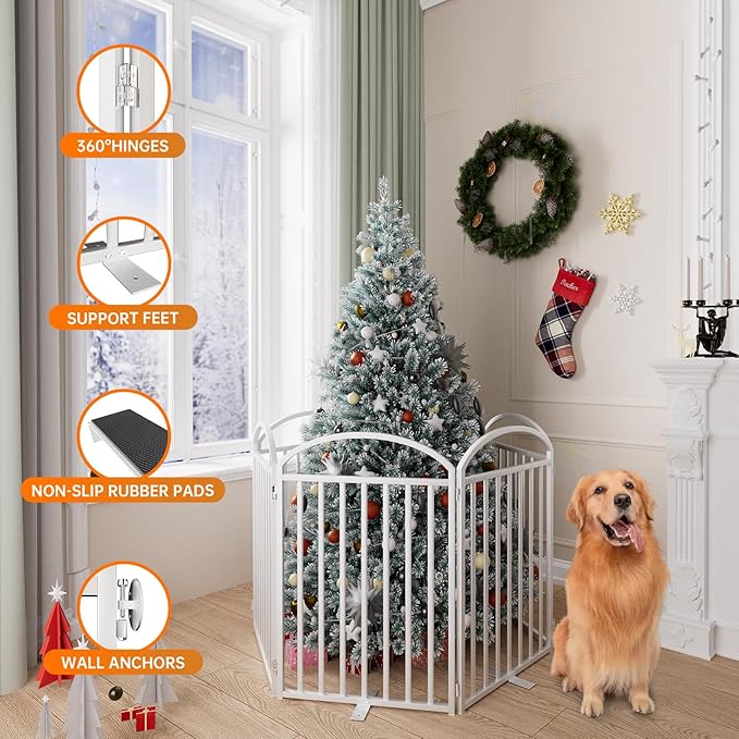 6 Panles Full Matel Freestanding Dog Gates with Door, 144"Extra Wide 32"Tall Free Standing Dog Pet Gate for Indoor & Outdoor. Foldable Pet Fences for Doorways, House, Stairs, Porch, Deck, Yard-PurrikoPets