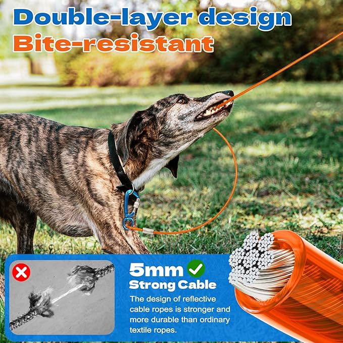100ft Dog Runner for Yard Large Dog Heavy Duty with Double Shock Absorbers Tangle-Free Aerial Trolley System for Large Dogs Up to 250lbs(Silver)-PurrikoPets