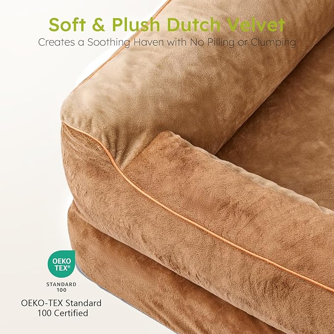 Extra Large Dog Bed, Orthopedic Dog Beds with Cooling Gel Memory Foam, Waterproof XL Pet Bed with Removable Washable Cover, 42" Pet Sofa Couch Dutch Velvet with Bone Toy, Brown-PurrikoPets