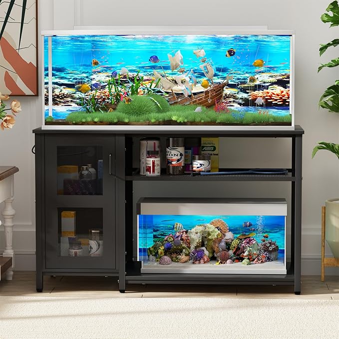 55-75 Gallon Fish Tank Stand , Aquarium Stand with Cabinet & Power Outlets for Fish Tank Accessories Storage, Heavy Duty Metal Terrarium Stand, 52" L*19" W Tabletop, 1200LBS Capacity, Black-PurrikoPets