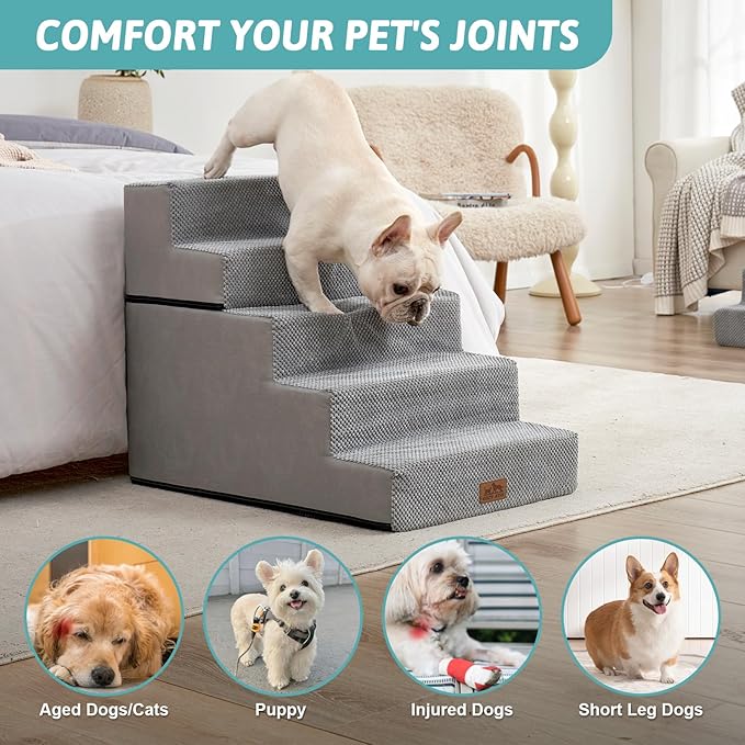 Dog Stairs for Small Dogs, 5 Tier Removable Wider Pet Stairs for Couch and Bed, 23.6" H Non-Slip Dog Steps for Puppies and Old Cats with Support Board, 29.5x19.7x23.6 inch, Grey-PurrikoPets