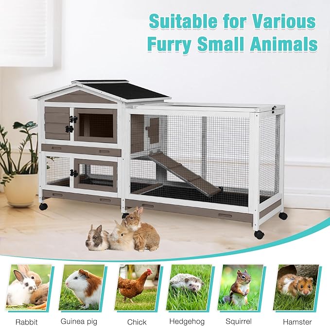 62" Rabbit Hutch with Chew-Proof Ramp & Waterproof Roof - Indoor/Outdoor Bunny Cage, 2-Story Design, 6 Lockable Caster Wheels & Dual Pull-Out Trays (Brown)-PurrikoPets