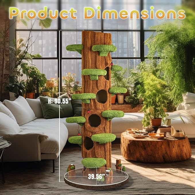 90.5'' Luxury Cat Tree with Scratching Pad, Wooden Cat Tower for Indoor Cats, Large Climber Tower, Tall Kitty Furniture, Multi-Level Condo for Multi-Cat Families-PurrikoPets