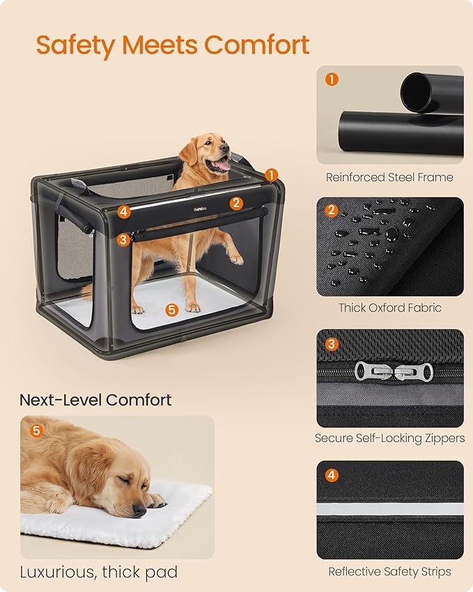 Feandrea Collapsible Dog Crate, 36-Inch Portable Dog Travel Crate for Large Dogs, Oxford Fabric Pet Carrier with 4 Mesh Doors, Handles, Storage Pocket, Water Bottle Holder, Ink Black UPDC019B01-PurrikoPets