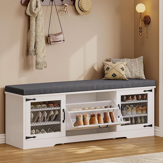 Farmhouse Storage Bench with Flip Drawers & Padded Seat Cushion, Half Hidden Shoe Rack Organizer, Adjustable Shelf Shoe Cabinet for Large Family, Entryway, Bedroom, Living Room (White)-PurrikoPets