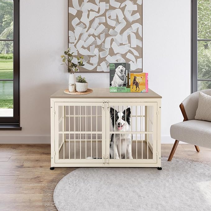 40 Inch Dog Crate Furniture for Large Medium Dogs, Wooden Heavy Duty Dog Kennel with Double Doors, Decorative Pet House Dog Cage Side End Table Indoor, Pet Cage Dog House, Beige-PurrikoPets