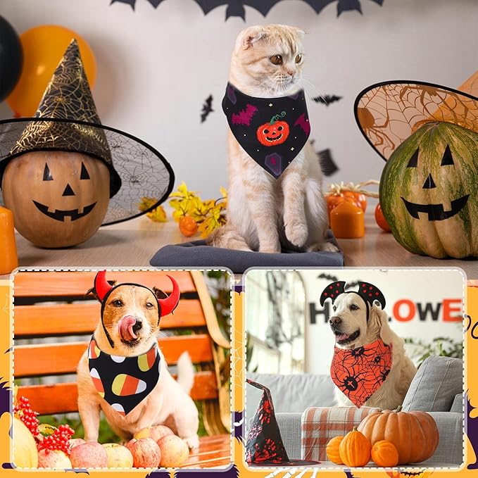 Abbylike 200 Pcs Halloween Dog Bandanas Bulk Pumpkin Bandanas for Dogs Pets Triangle Kerchief Bibs Scarf for Halloween Costume Photo Props Accessories Pet Shops Adoption Events Groomers, 25 Styles-PurrikoPets